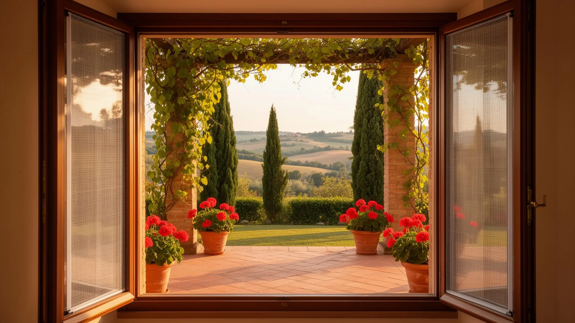 Finestra aperta con zanzariera installata, vista su patio e giardino tipico dell'Emilia-Romagna